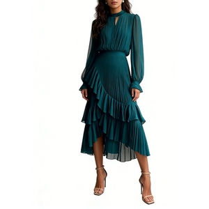 Robe midi plissée en mousseline pour femme, col montant, ourlet à volants, idéale pour les invitées de mariage et les soirées – Collection Mode - Product Image 3