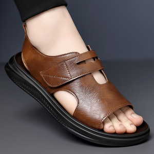 Men's Open Toe <b>Sandals</b> Flat Velcro Closure Brown Casual Beach Shoes 6003 - Product Image 3