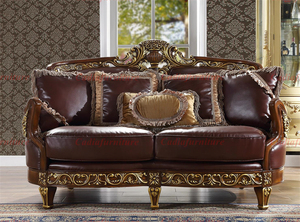 Set Sofa Ruang Tamu Antik Kayu Ukir Mewah Eropa, Kayu Solid Ukiran Italia, Sofa Kulit Asli - Product Image 3