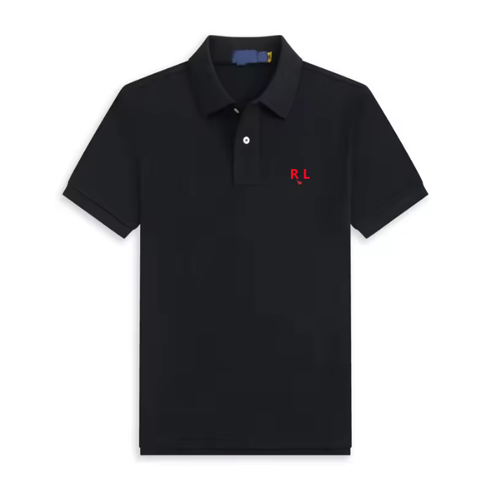 Negro con logo RL rojo.