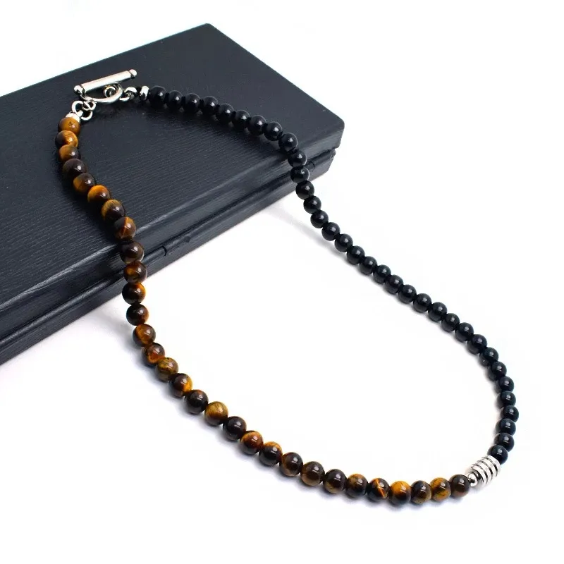 Black Onyx Tiger Eye Bead Set Design Jewelry Long Handmade Beads Stainless Steel Natural Stone Beaded Necklace