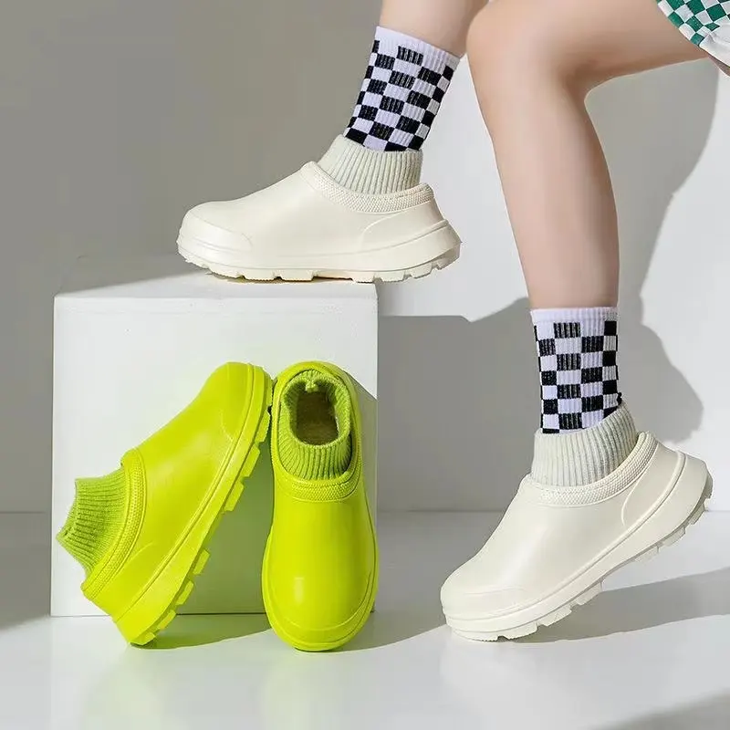 Hot Sale Custom LOGO Designer Winter Warm EVA Rubber Slip ons Waterproof Ankle Sock Gumboots Plush Rain Boot for Women Lady