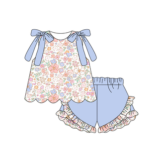 GSSO3397 Conjunto de ropa de verano para niña pequeña con estampado a cuadros azules, venta al por mayor, conjunto de ropa infantil de manga corta para niña - Product Image 5