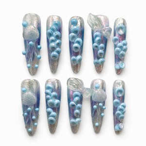 Ongles à presser 3D Méduse Sirène, en acrylique pailleté, couvrance totale, longs, pour la décoration des doigts - Product Image 1