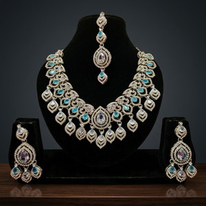 Indian Bridal Gold Plated CZ Choker Necklace <b>Set</b> Emerald Green White Cubic Zirconia Heavy Choker Earrings Mang Tika Wedding - Product Image 2