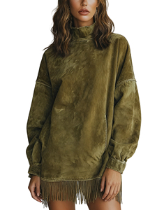 Nouvelle Collection Robes Longues Femme Col Montant en Velours Suédine Style Vintage Ample avec Poches et Franges Manches Longues Tendance - Product Image 6