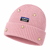 Bonnet en tricot à étoiles métalliques, bonnet d'hiver épais côtelé avec revers et étiquette tissée, doux, anti-boulochage, en acrylique chaud