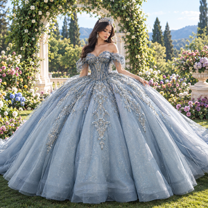 Vestido de Quinceañera Azul Brillante Color Caramelo, Estilo Mexicano, Hombros Caídos, Apliques de Encaje, Bordado con Cuentas, Organza - Product Image 1