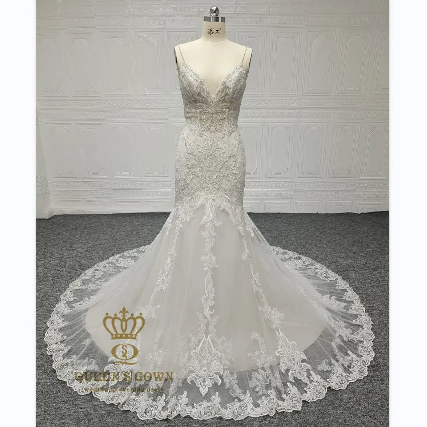 QUEENS GOWN spaghetti straps beaded lace luxury bridal v neck sheer back lace bridal wedding dress