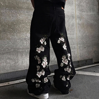 Produsen Kustom Celana Jeans Pria Bordir 3D Vintage Wash Stacked Oversize Wide Leg Denim Plus Size
