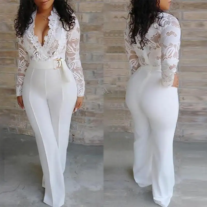 Women's trousers pants one piece jumpsuits spring summer European and American lace white rompers jumpsuit plus size pants