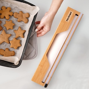 Dispensador de envoltura de montaje en pared de bambú clásico, cortador de papel de cocina, organizador de envoltura de plástico para bolsas de té, rollo de papel de almacenamiento Ziplock - Product Image 4