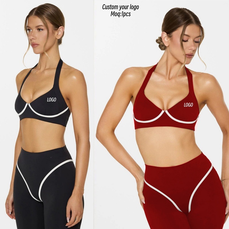 Aoyema Women Sportswear Yoga Vest Solid Hanging Neck Chest Pad Bra Elastic Breathable Quick-drying Running Fitness Sets