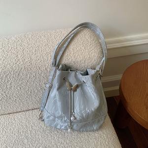 Mint Green Bucket Bag For Women Soft Polyester <b>Drawstring</b> <b>Backpack</b> With Pearl Charm Summer 2024 Everyday Use - Product Image 4