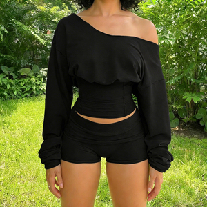 <b>Patchwork</b> Knit Two-Piece Set Off-Shoulder Long Sleeve Crop <b>Top</b> Loose Shorts Casual Jogging Activewear Eco-Friendly Breathable - Product Image 4