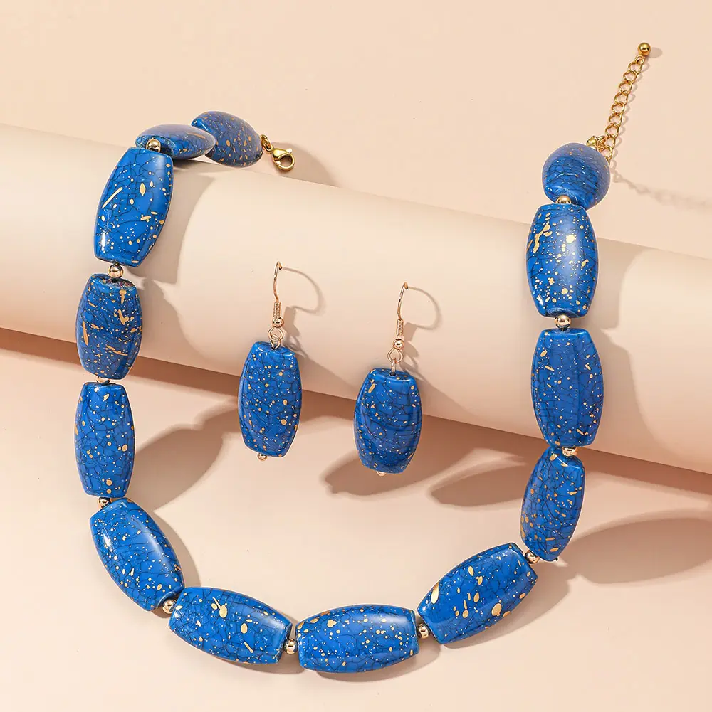 Wholesale 2PCS Set 18K Gold Plated Stainless Steel Dubai Jewelry Blue Acrylic Beads Earrings Pendant Necklace For Women