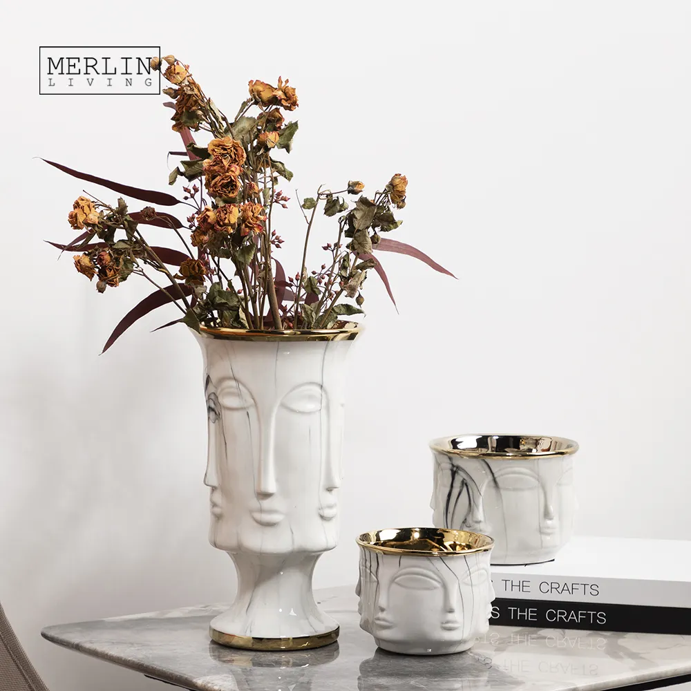 Merlin Living Luxury Vase Gold Plated Face Vase Decoration Tabletop Ceramic Flower Vase For Home Ceramic Decoration