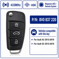 Clé intelligente sans clé à 3 boutons 433 MHz avec puce Megamos AES 48 pour Audi A4 A5 Référence : 8V0837220 8V0837220P Système de télécommande