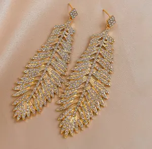 Sáng Tạo Lá Lớn Dangle Bông Tai Rhinestone Thả Bông Tai Thời Trang Bông Tai Lông Cho Phụ Nữ