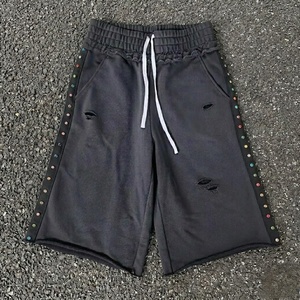 Men's Black Ripped Bermuda <b>Shorts</b> Elastic Waist Knitted Fabric Casual Style With Colorful Beads <b>Decoration</b> - Product Image 2
