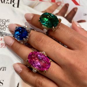 แหวนเงินแท้ 925 ประดับพลอยสังเคราะห์ทรงรีสีเขียวมรกต แหวนเงินแฟชั่น แหวนหมั้น - Product Image 5