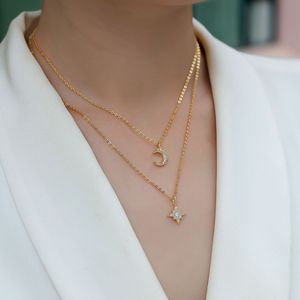 VVS1 Moissanite Pave Collar de Plata de Ley 925 Chapado en oro de 18 quilates con estrellas de Luna doble Dos capas para mujer - Product Image 5