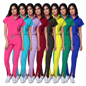 Women's Split Set <b>Scrub</b> Uniform Solid Color Moisture Wicking Hospital Work Nurse Wear With Zipper Front - Product Image 5