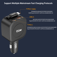IBD pabrik grosir 96W kabel dapat ditarik pengisi daya mobil pengisian cepat telepon Tipe c PD30W USB QC30W PPS33W 3 in 1 adaptor mobil