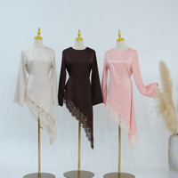 Übergröße Damen Bescheidenes Zweiteiler-Set Langarm Asymmetrisches Spitzen-Patchwork Tunika-Oberteil und Maxirock Muslimisches Outfit