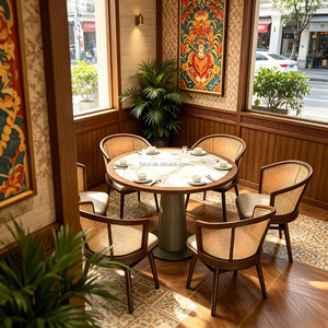 Chaise en <span class=keywords><strong>bois</strong></span> respirante avec dossier en <span class=keywords><strong>rotin</strong></span>, table en marbre à bordure en <span class=keywords><strong>bois</strong></span>, banquette décorative en <span class=keywords><strong>rotin</strong></span> pour restaurant du Sud-Est, stock de vente au détail - Product Image 4