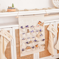 Calendrier de l'Avent de Noël en tissu avec 24 poches, décoration murale en toile de coton, réutilisable, en lin, pour Noël