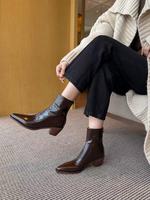 Bottes d'hiver tendance en cuir de vachette, confortables, antidérapantes, à talon épais de 6 cm, bout pointu, mi-mollet, avec fermeture éclair