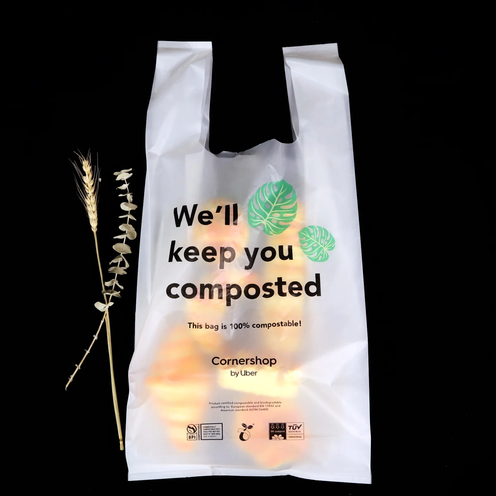 Sacolas plásticas 100% biodegradáveis personalizadas para compras, sacolas compostáveis para camisetas de supermercado