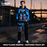 Ensemble sweat à capuche et jogging personnalisé en polyester épais 320 GSM avec imprimé loup flamme bleue pour tenue streetwear urbaine