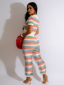 Conjunto de dos piezas de moda de punto para mujer, Tops cortos con patrón sólido, traje de calle Sexy para verano, chándal a juego en la playa - Product Image 3