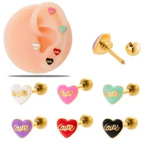 HENSEN moda 18K chapado en oro oreja hélice piercing joyería colorido esmalte amor corazón cartílago pendientes tornillo