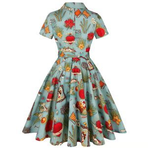 Robe d'été rétro à manches courtes imprimé floral, col en V, revers et nœud, pour filles et femmes, style décontracté, coupe évasée, pour soirée ou tenue western - Product Image 2