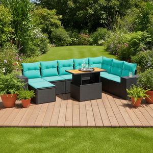 Set di divani da giardino in polyrattan nero da 9 pezzi con cuscini, mobili da giardino, posti a sedere all'aperto - Product Image 2