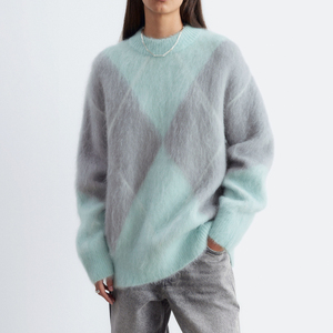 Suéter de punto jacquard con cuello redondo y diseño argyle para mujer, estilo preppy, manga larga. - Product Image 3