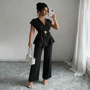 Costume deux pièces tissé pour femme, col halter, couleur unie, <span class=keywords><strong>blazer</strong></span> et pantalon, pour le printemps, l'automne, le bureau, le travail décontracté, les loisirs - Product Image 1