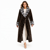 Manteau long en fausse fourrure à imprimé léopard pour femme, élégant, chaud, avec ceinture, col et poignets contrastés en fausse fourrure moelleuse, manteaux en fausse fourrure écologique