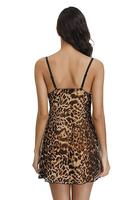 Gaun Tidur Satin Seksi Motif Leopard Satu Potong dengan Tali, Pakaian Dalam Wanita Model Kondole Belt Bud Silk Tanpa Punggung Motif Leopard Seksi