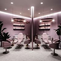 Présentoir personnalisable pour salon de manucure avec comptoir en pierre rose et bleue avec éclairage LED