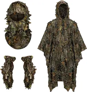 Jas hujan ponco Camo Ghillie ringan, pakaian berburu ponco daun 3D