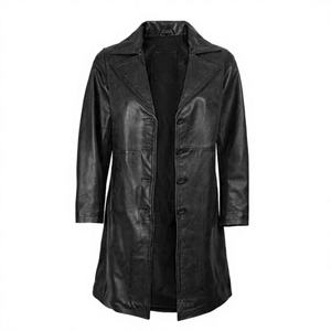 Manteau long vintage en cuir véritable pour femmes noires, tissu Oxford, fonctionnalité détachable, teinture délavée, décoration boutonnée, décrumé - Product Image 1