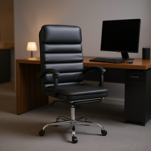 Silla de Oficina Ejecutiva de Cuero Sintético Negro con Reposabrazos Ajustables, Base Cromada y Función de Masaje - Product Image 2