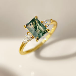 Modern Design Moss Agate Engagement <b>Ring</b> Green Ethnic Style Gemstone Jewelry with <b>Stack</b> <b>Ring</b> Wedding Band - Product Image 2