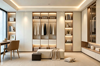 Dressing de luxe avec îlot de dressing, armoire en verre haut de gamme, du sol au plafond