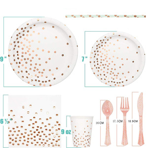 Ensemble de vaisselle jetable en papier à pois de forme ronde en rose, noir et or pour les enfants et les fêtes du Nouvel An, décorations de table - Product Image 4