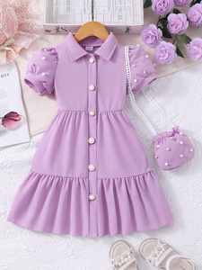 Abiti Estivi Rosa per Bambine, Nuova Moda con Maniche Corte e Design con Bottoni Luminosi, Set di <span class=keywords><strong>Abbigliamento</strong></span> per Bambine in Due Pezzi con Borsa - Product Image 6